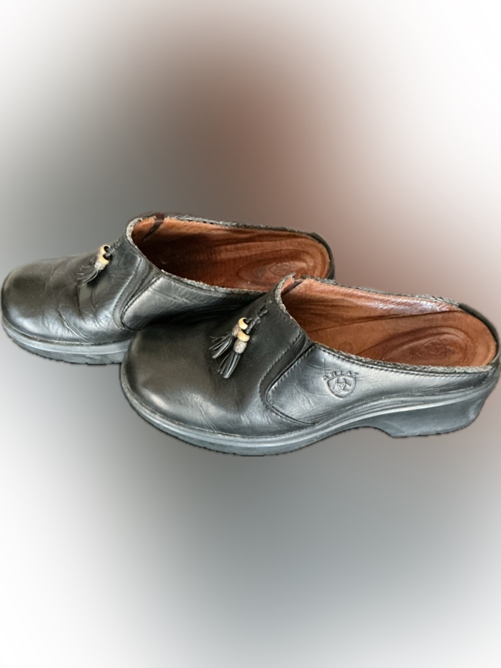 Ariat Mendocino Mules,black leather clogs, decorative double tassels with beads